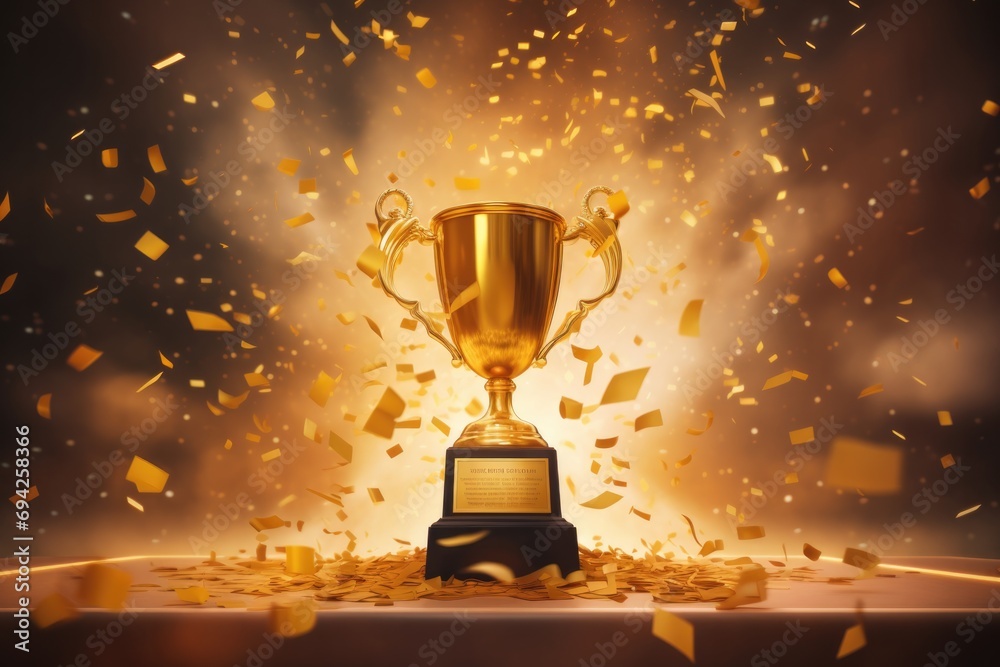 Winners trophy with falling confetti Winners trophy with falling confetti