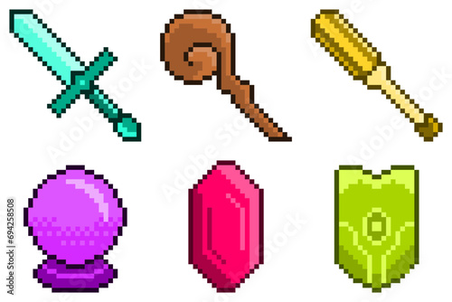 Retro 8bit Pixel Art Fantasy RPG Items, Icons Set in Variable Color