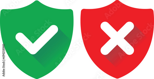 Protection and unprotection, green shield checkmark & red shield cross photo