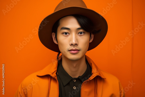 a young asian man with a brown hat on orange background