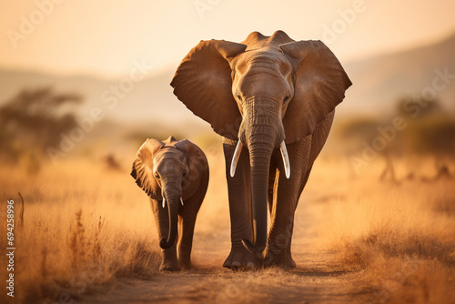 Mom and baby African elephant walking together photo