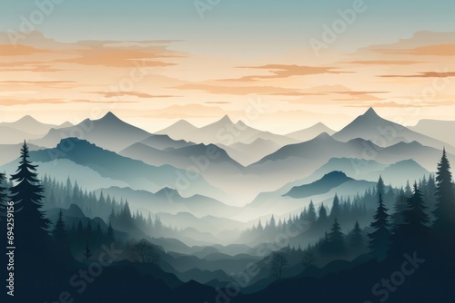 mountains sunrise forest with mist and sea