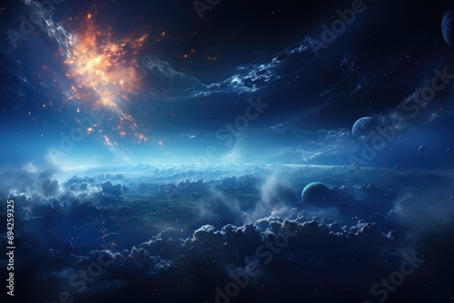 Sci-fi landscape with planet, galaxy.