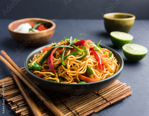 schezwan noodles or vegetable hakka noodles or chow mein is a popular indo chinese recipes photo