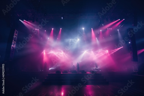 Conncert stage with spotlights and smoke photo