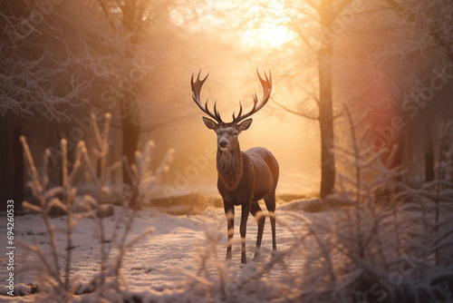 Red deer standing on frost snow in the forest with sun rising background. © Golden House Images