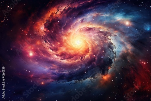 A view from space to a colorful spiral galaxy and stars.