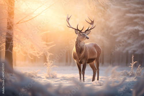 Red deer standing on frost snow in the forest with sun rising background. photo