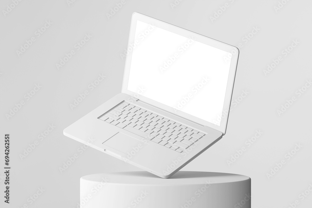 grey clay minimalist style of a notebook laptop in perspective view on circular podium product display composition with empty blank screen 3d illustration rendering grey clay minimalist style of a notebook laptop in perspective view on circular podium product display composition with empty blank screen 3d illustration rendering