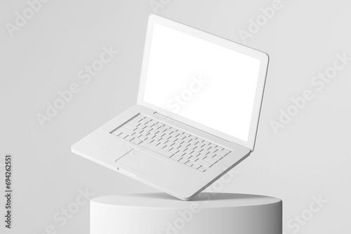 grey clay minimalist style of a notebook laptop in perspective view on circular podium product display composition with empty blank screen 3d illustration rendering photo