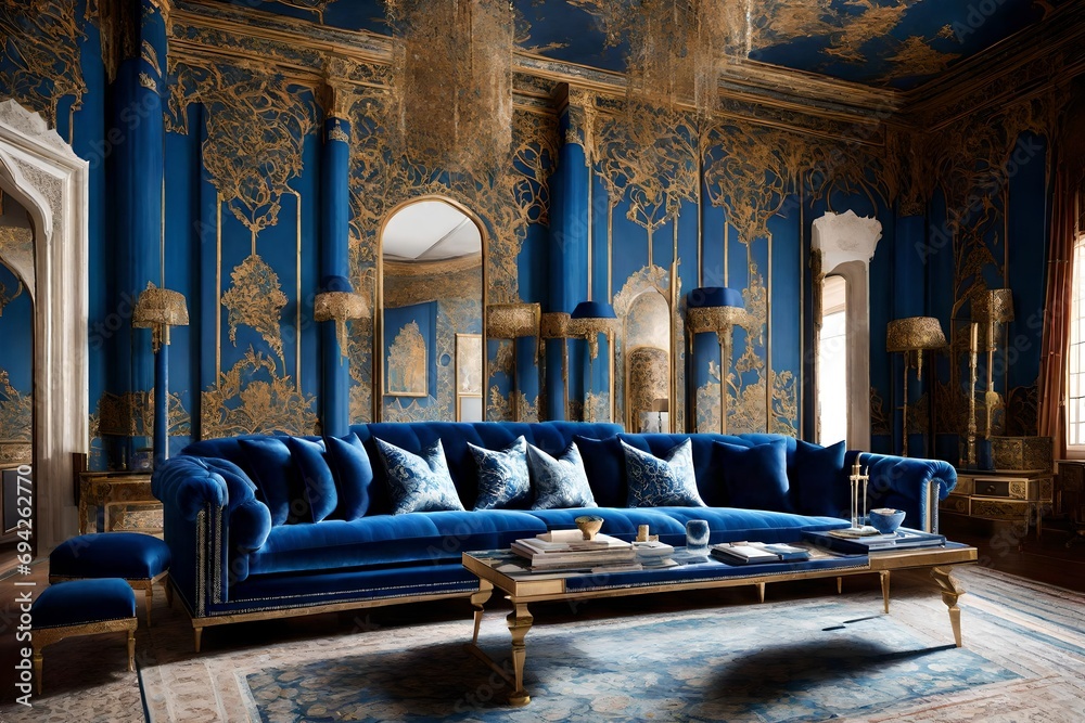 interior luxurious blue design with taj mahal scenery and wall painting ...