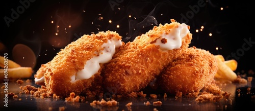 Close-up of Dutch fast food: ground beef-filled croquettes on bread, deep-fried. photo