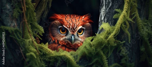 A cautious red owl observing from a nest in a forest.