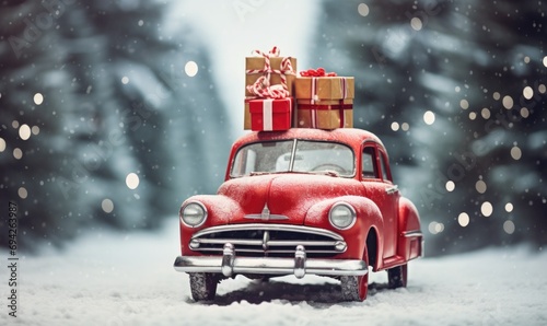 Christmas invitation card background; Christmas, snow and red car.