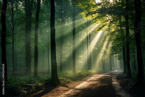 Beautiful rays of sunlight in a green forest © muhmmad
