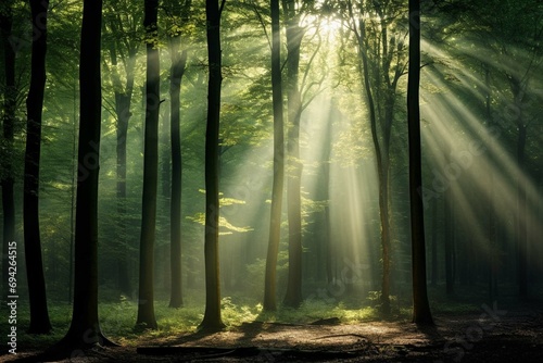 Beautiful rays of sunlight in a green forest photo