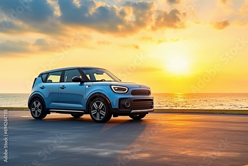 Blue compact SUV car with sport and modern design parked on concrete road by the sea at sunset. Environmentally friendly technology. Business success concept © muhmmad