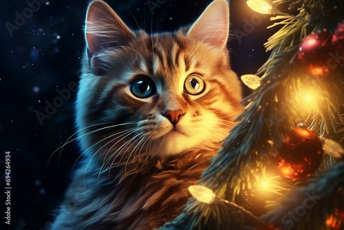 cat in decorated christmas tree. New year concept. Generative AI
