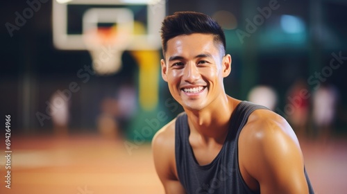 basketball player smile on blur basketball field background © Denis
