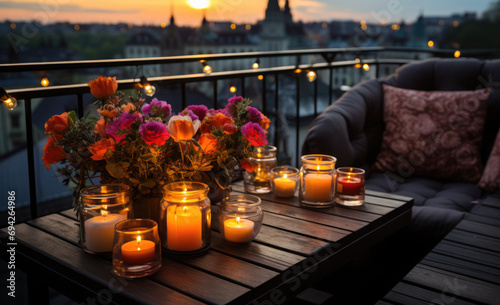 beautiful balcony in the evening, flowers, candles with a beautiful view of the city