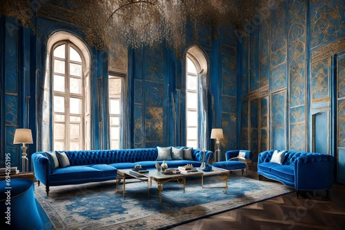 Print op canvas interior luxurious blue design with taj mahal scenery and wall painting on the b