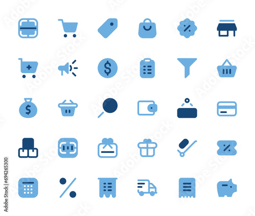 Shopping Icons Set - Duotone Style, Filled Vector Graphics for E-Commerce