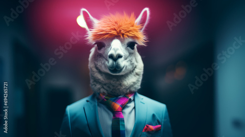 A cool alpaca in a business suit in neon colors