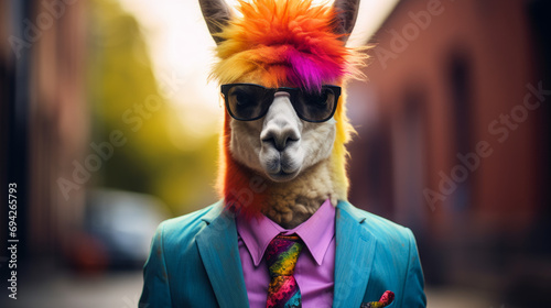 A cool alpaca in a business suit in rainbow colors photo
