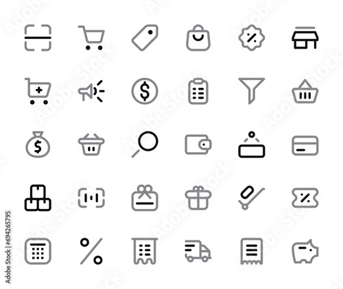 Shopping Icons Set - Duotone Style, Outline Vector Graphics for E-Commerce