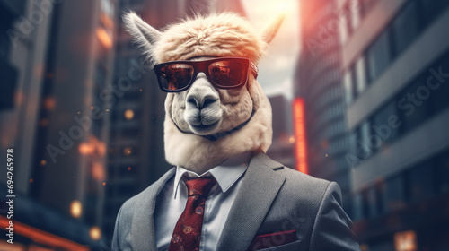 A cool alpaca in a business suit in cyberpunk style