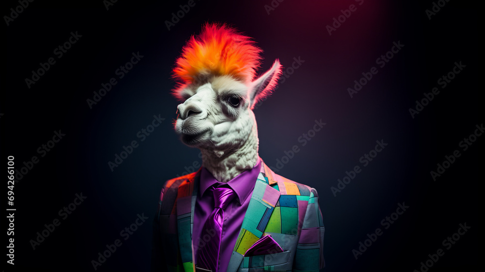 A cool alpaca in a business suit in rainbow colors A cool alpaca in a business suit in rainbow colors