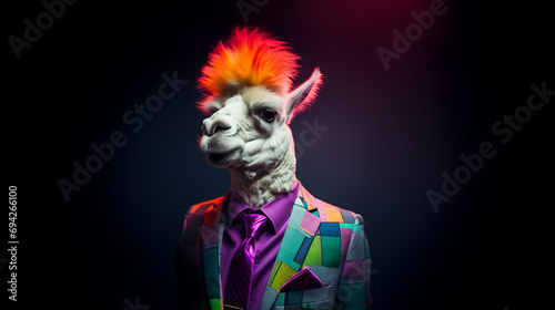 A cool alpaca in a business suit in rainbow colors