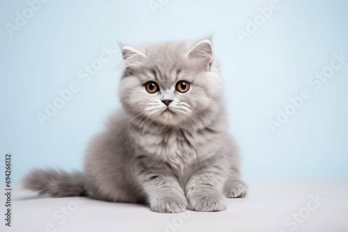 Cute fluffy British cat on a gray background 