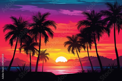 Dark palm trees silhouettes on colorful tropical ocean sunset background, vector illustration