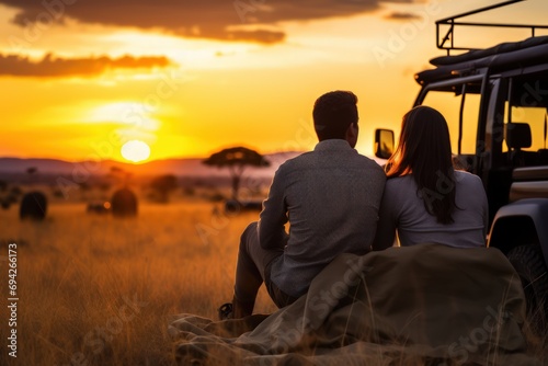 Couple in love on a trip in the savannah. Enjoy stunning views of the Savannah sunset. An unparalleled experience of a romantic trip to unexplored places.