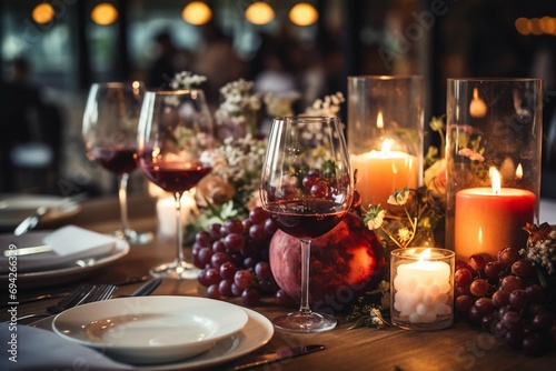 Elegant and select wedding decoration restaurant table Wine Glass and appetizers, on the bar table Soft light and romantic atmosphere dinner service menue guests candle photo