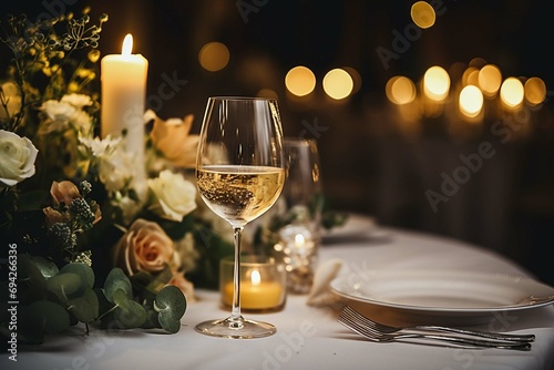 Elegant and select wedding decoration restaurant table Wine Glass and appetizers, on the bar table Soft light and romantic atmosphere dinner service menue guests candle photo