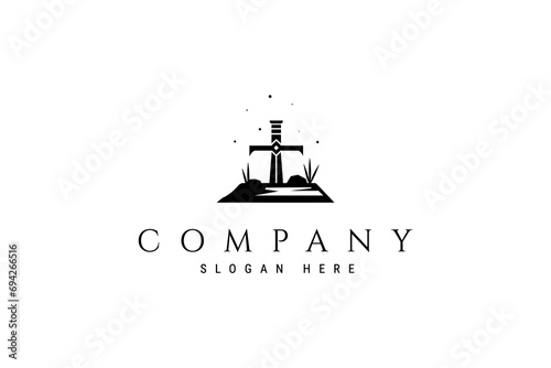sword stuck in stone logo vector icon illustration