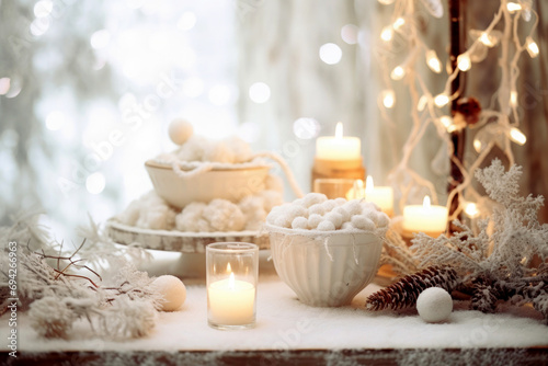 Table decoration with garlands, wedding, сhristmas winter