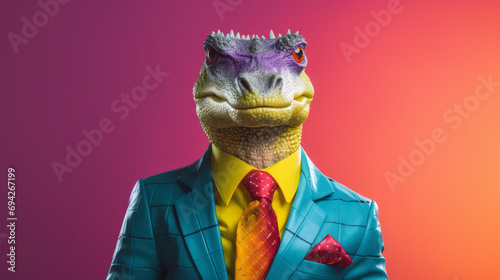 A cool crocodile in a business suit in rainbow colors