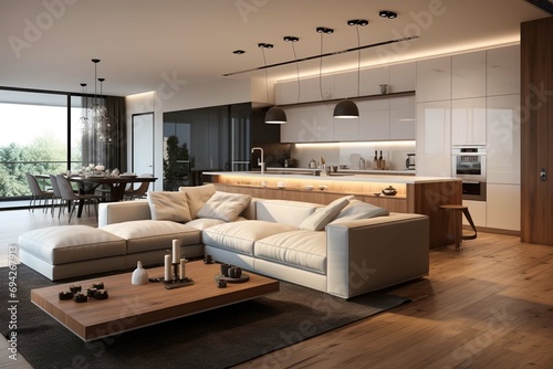 Modern living room with kitchen