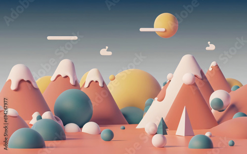 A 3D abstract landscape using geometric shapes in a minimalist fashion, creating a serene and visually appealing environment. photo