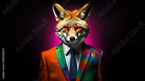 A cool fox in a business suit in rainbow colors