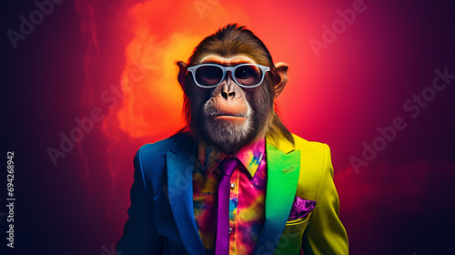 A cool monkey in a business suit in rainbow colors