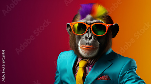 A cool monkey in a business suit in rainbow colors photo