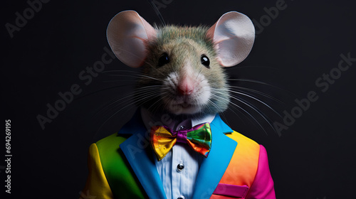 A cute mouse in a business suit in rainbow colors