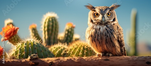 Screech owl perched in a cactus basking in the sun. © 2rogan