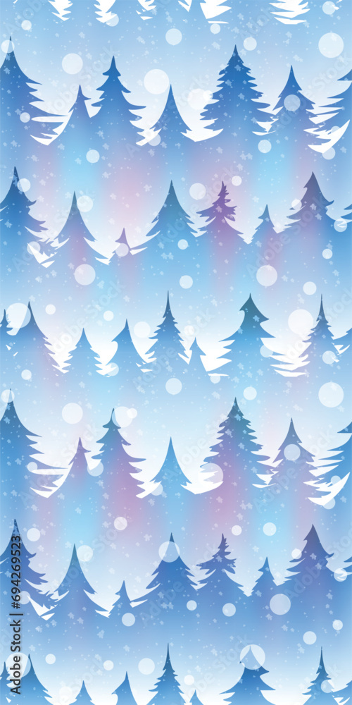 Seamless pattern, trees and snowfall, vector background on a winter theme, vertical banner