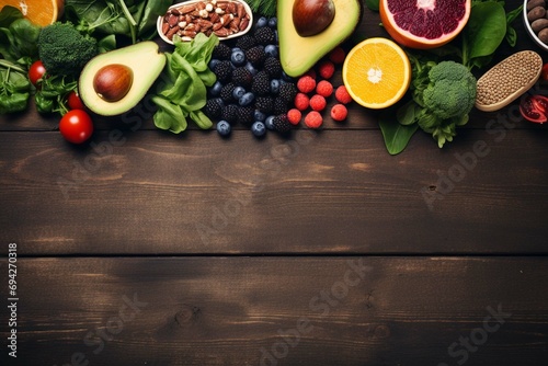 Selection of healthy food on rustic wooden background