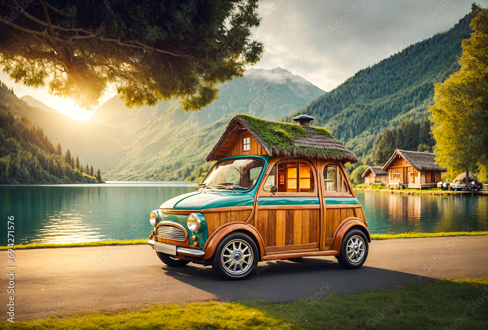 a small, cute car designed to look like a cottage